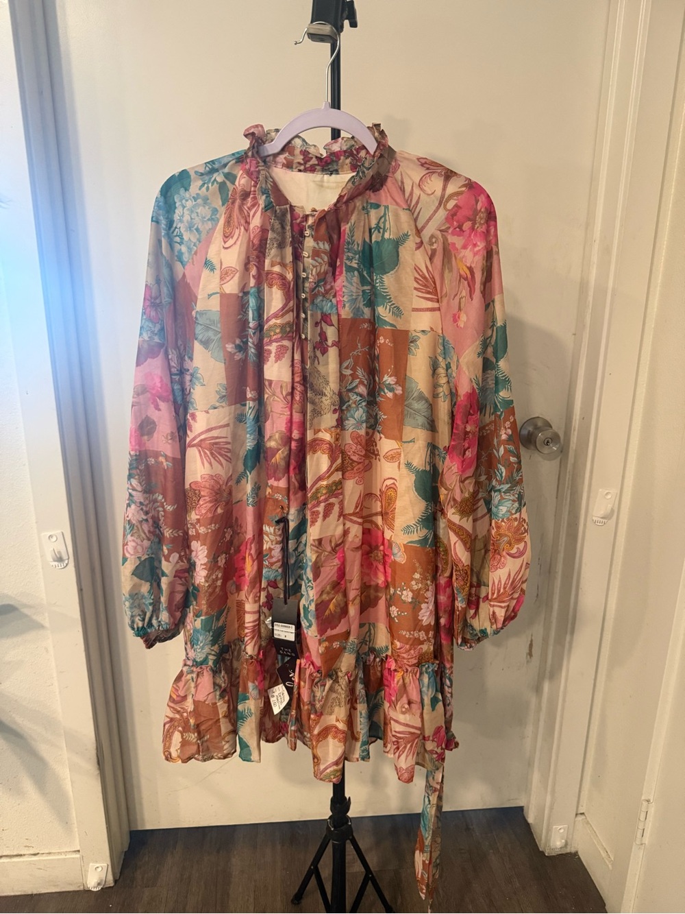 Boho Floral Patchwork Tie-Neck Blouse in Pink & Teal
